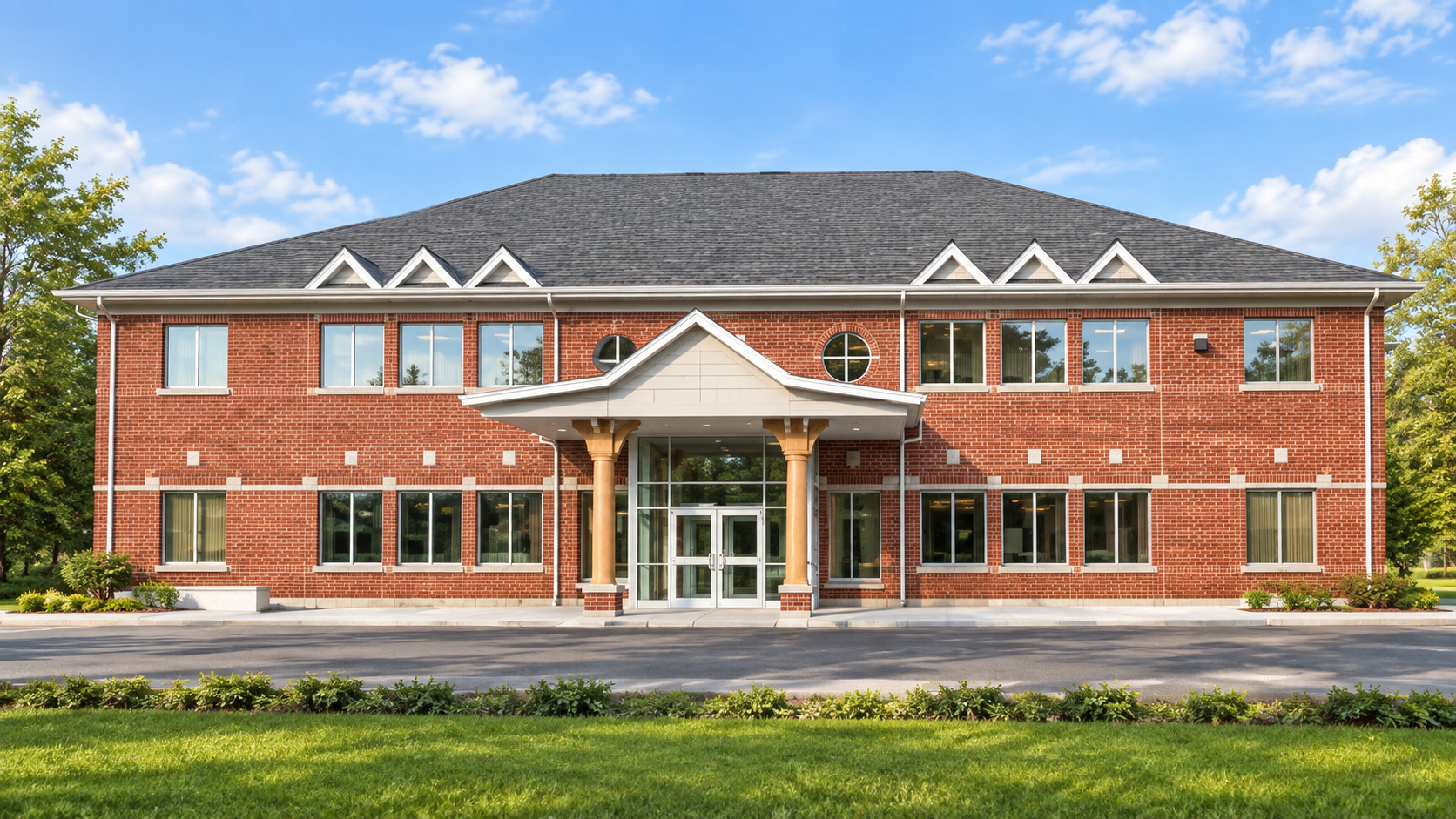 Front view of the Madoc clinic, Tri-Area Medical Centre, with its central main entrance.